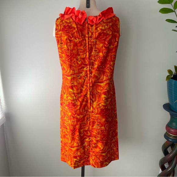 60s Vintage Inga Nielsen Orange Ruffled Sheath Midi Dress Psychedelic Retro Rare - Picture 3 of 9